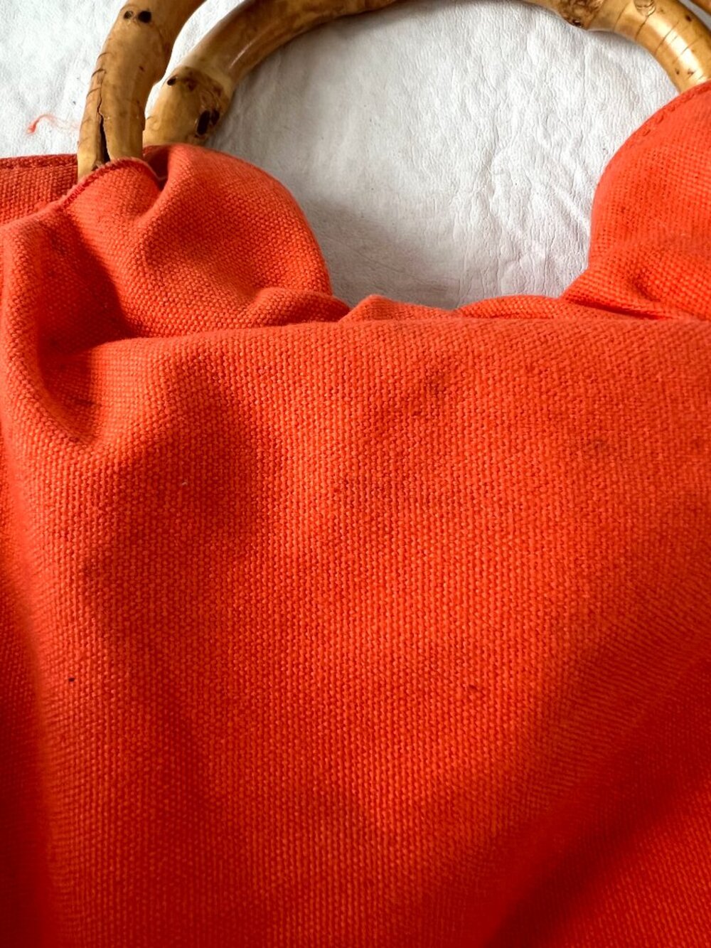 Bamboo bag orange canvas round handles beach summer lightweight handbag purse - Picture 9 of 10